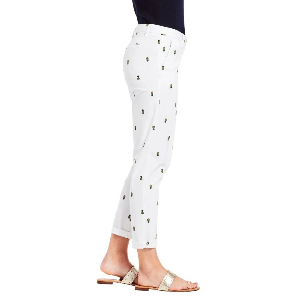 Talbots Girlfriend Chino Pants Womens 14P Embroidered Pineapples White Ankle - Picture 4 of 8